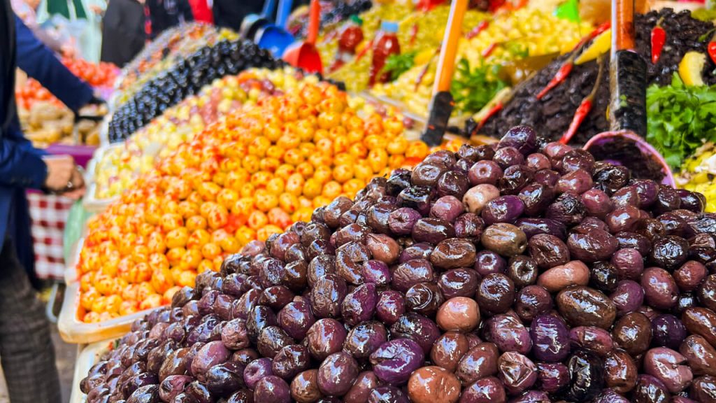 Displays of olives and more in the Tangier Medina
