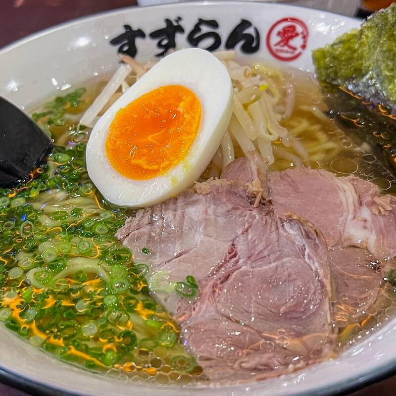 A bowl of ramen with pork and egg at Ichiran Ramen in Fukuoka, Japan