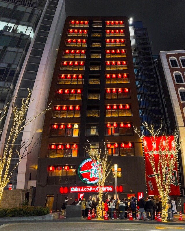 Red lanterns light up the Ichiran Ramen building in Fukuoka, Japan
