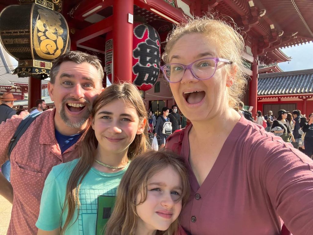 Family of four at Senso-ji temple in Asakusa, Tokyo, Japan